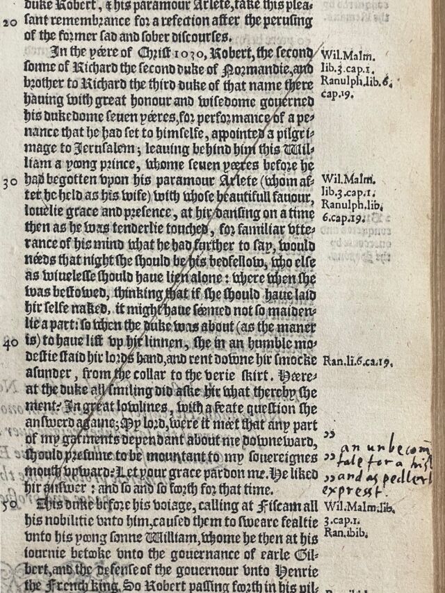 L'anecdote obscène de Raphael Holinshed sur la mère de Guillaume le Conquérant, Arlete.  Milton a barré le passage avec une ligne diagonale et a ajouté une note : "un inconvenant[ing] / conte pour une histoire[ory] / et comme colporteur[y] / expresst."