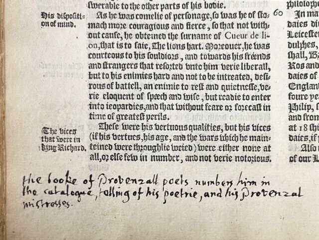 Milton fait référence au « livre des poètes provençaux » qui traite de la poésie et des maîtresses de Richard Cœur de Lion.