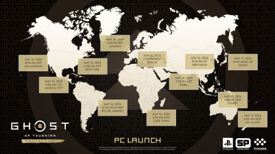 Une carte du monde indiquant quand Ghost of Tsushima sera lancé dans différentes régions.