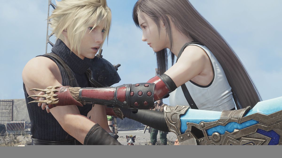 Une image montrant Tifa tenant le bras de Cloud dans Final Fantasy 7 Rebirth. 