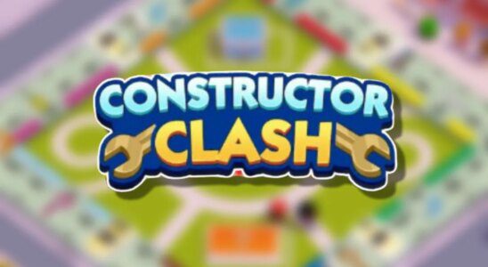 The Monopoly GO Constructor Clash logo on top of a blurred background