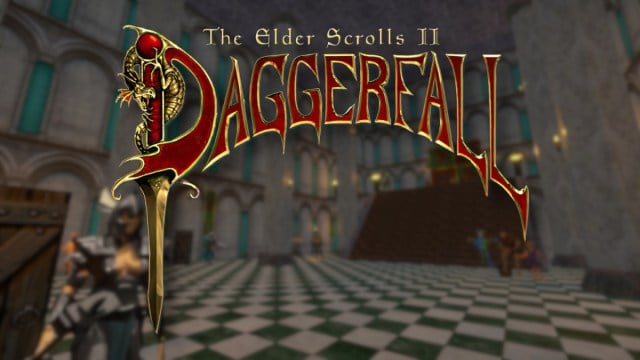 le logo Elder Scrolls: Daggerfall avec l'intérieur d'un château derrière lui et un chevalier montant la garde à proximité.