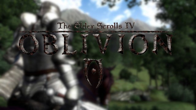 Logo de The Elder Scrolls 4 : Oblivion avec un chevalier derrière lui à cheval.