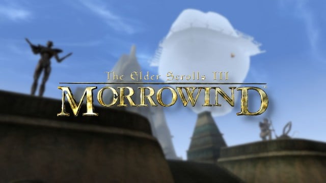 Logo de The Elder Scrolls 3 : Morrowind avec la ville de Vivec derrière et la statue de Vivec au sommet d'un bâtiment.