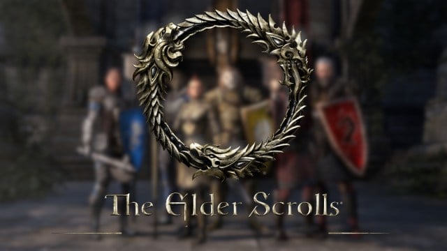 Le logo Elder Scrolls Online avec un groupe de personnages fantastiques posant derrière.