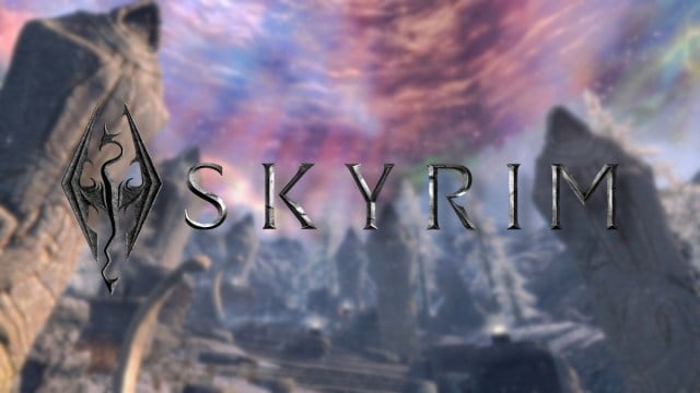 Logo The Elder Scrolls 5 : Skyrim avec le ciel violet et bleu de Sovngarde en arrière-plan.