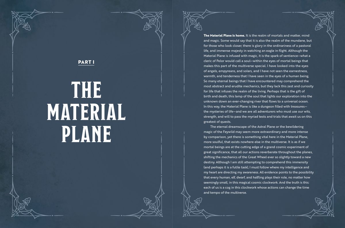 La première diffusion de la section Plan Matériel des Mondes &  Livre des Royaumes.  La page de gauche indique « Partie 1 : Le plan matériel » tandis que celle de droite est un bloc de texte tiré de la narration de Mordenkainen.