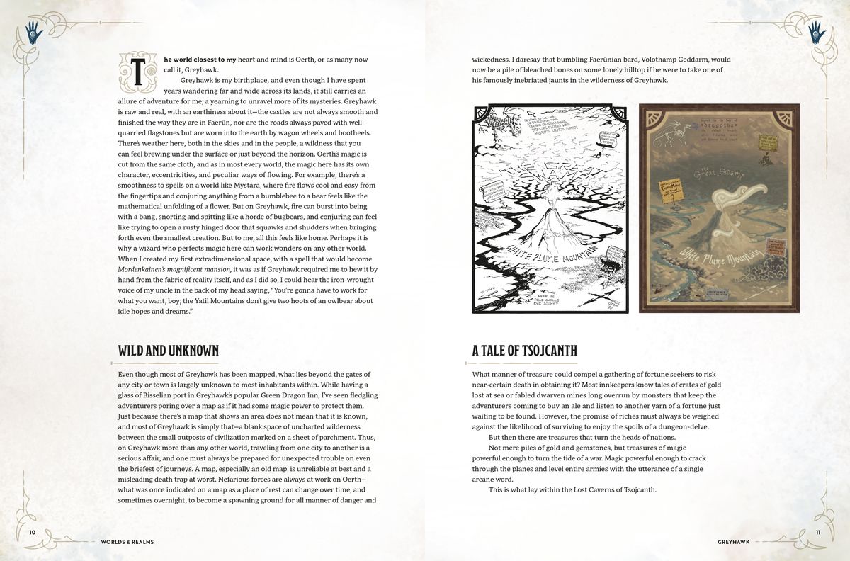 Les deux premières pages de la section Greyhawk du Worlds &  Livre Realms, qui comprend une introduction, une section intitulée « SAUVAGE ET INCONNU » et une section intitulée « UN CONTE DE TSOJCANTH.  La page de droite comprend également deux versions d’art pour White Plum Mountain, l’une étant un dessin au trait en noir et blanc et l’autre en couleur entièrement peinte.