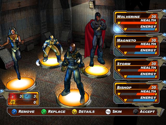 Écran de sélection de personnage dans X-Men Legends II : Rise of Apocalypse, avec Wolverine, Magneto, Storm et Bishop.