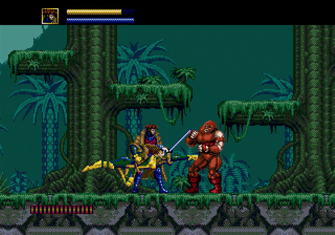 Gambit et Rogue unissent leurs forces pour combattre Juggernaut dans une jungle dans X-Men (1993) pour Sega Genesis