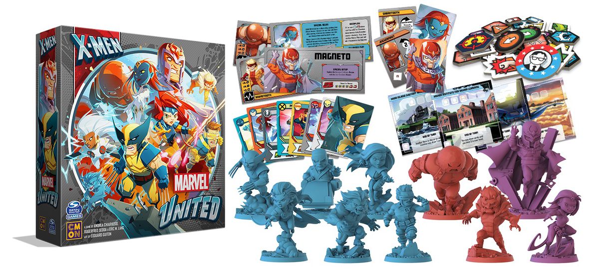 Coffret, cartes et figurines pour le jeu de société Marvel United : X-Men
