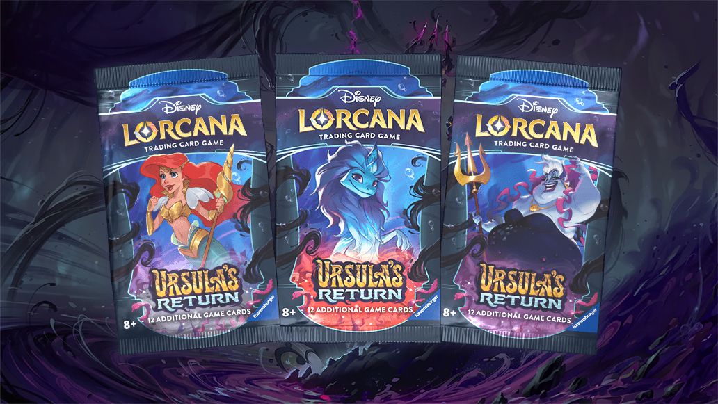 Une photo de stock de trois boosters pour l'extension Le Retour d'Ursula pour Disney Lorcana