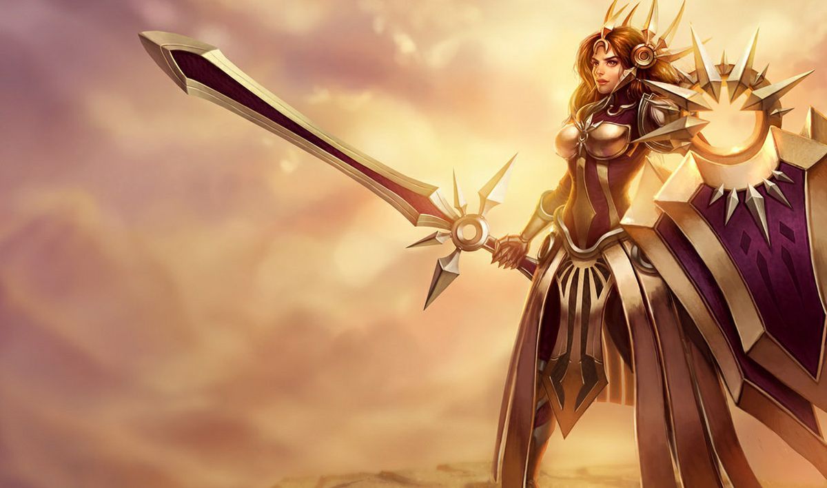 Leona, championne de League of Legends, tient son épée solaire géante et son bouclier solaire géant tout en portant une armure solaire géante alors que le soleil brille derrière elle.