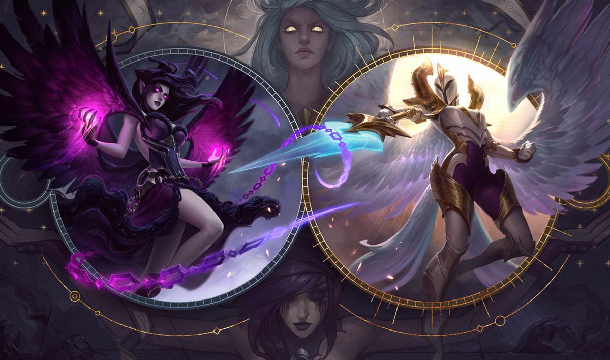 Splash art fraternel pour Kayle et Morgana, avec Kayle à droite, dans League of Legends.  Kayle porte une armure complète et brandit une épée bleue ;  elle a aussi des ailes d'ange blanches déployées derrière elle.  Morgana est vêtue d'un corset et d'une jupe violets, avec ses ailes violettes également déployées derrière elle.