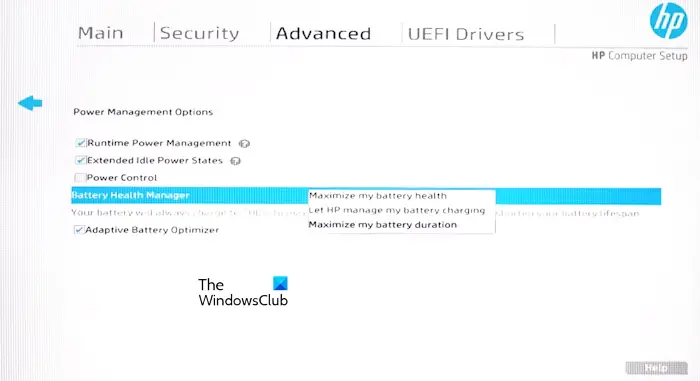 Gestionnaire de santé de la batterie dans le BIOS HP