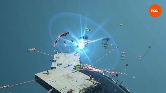 Test de Homeworld 3 : un vaisseau explose en pleine bataille spatiale.