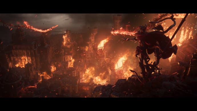 Capture d'écran de la bande-annonce de l'histoire de Shadow of the Erdtree montrant le maléfique Messmer vêtu de rouge regardant une bataille en flammes