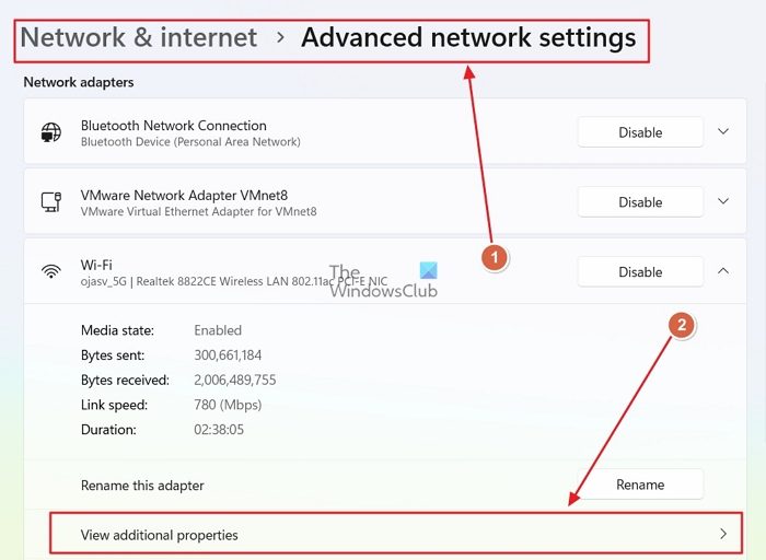 Afficher les propriétés réseau supplémentaires pour l'adaptateur Wifi