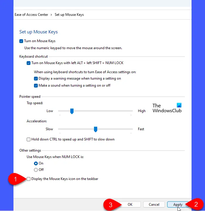 Option d'icône des touches de la souris dans le Panneau de configuration