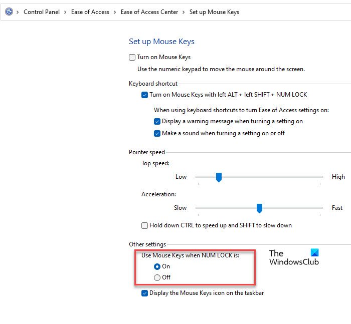 Activer ou désactiver l'utilisation des touches de la souris lorsque le verrouillage numérique est activé à l'aide du Panneau de configuration