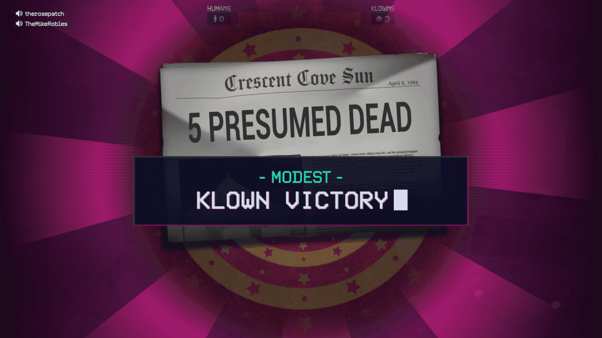 L'écran de résultat final de Killer Klowns from Outer Space: The Game, présentant le jeu déclarant un "Victoire modeste des Klowns"