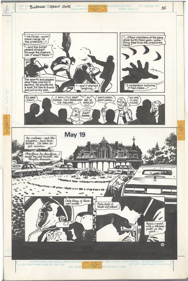 Illustration originale non colorée d'une page de Batman : 1re année, mettant en vedette le détective Flass décrivant Batman rompant un trafic de drogue dans une salle sceptique ;  et Batman tranquillisant les chauffeurs et les gardes devant un grand manoir.