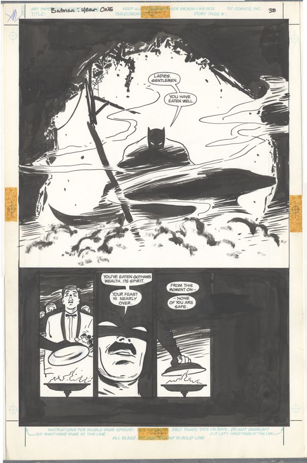 Illustration originale non colorée d'une page de Batman : Année 1, représentant Batman debout dans les décombres d'un trou dans le mur d'un bâtiment, donnant un monologue effrayant sur le fait que les riches avides de Gotham City ne sont pas hors de sa portée.