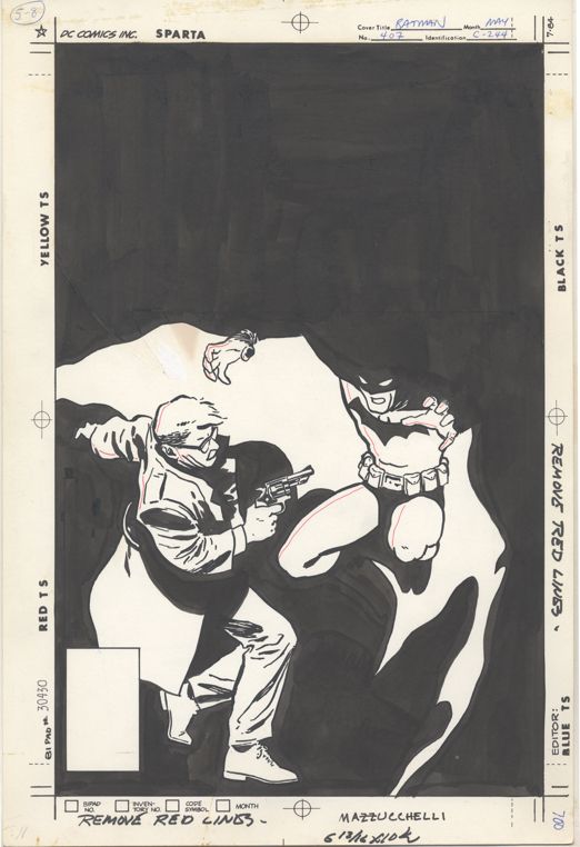 Illustration originale non colorée de la couverture de Batman #407, de Batman : Year One, représentant Batman fondant sur James Gordon, tandis que Gordon vise son pistolet.  Le dessin est principalement composé d'encre noire, seuls Gordon, le corps de Batman et l'intérieur de sa cape sont laissés blancs.