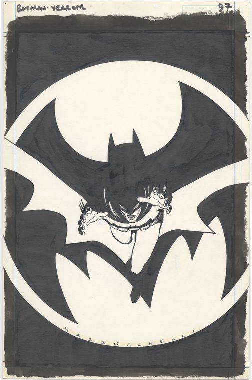 Art promotionnel original non coloré pour Batman : Année 1, représentant Batman sautant vers le spectateur, avec le symbole de chauve-souris projeté sur le mur derrière lui.