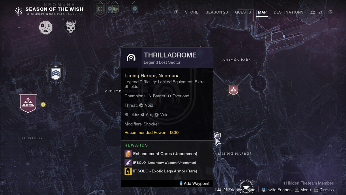 Une carte montrant le secteur perdu du Thrilladrome dans Destiny 2