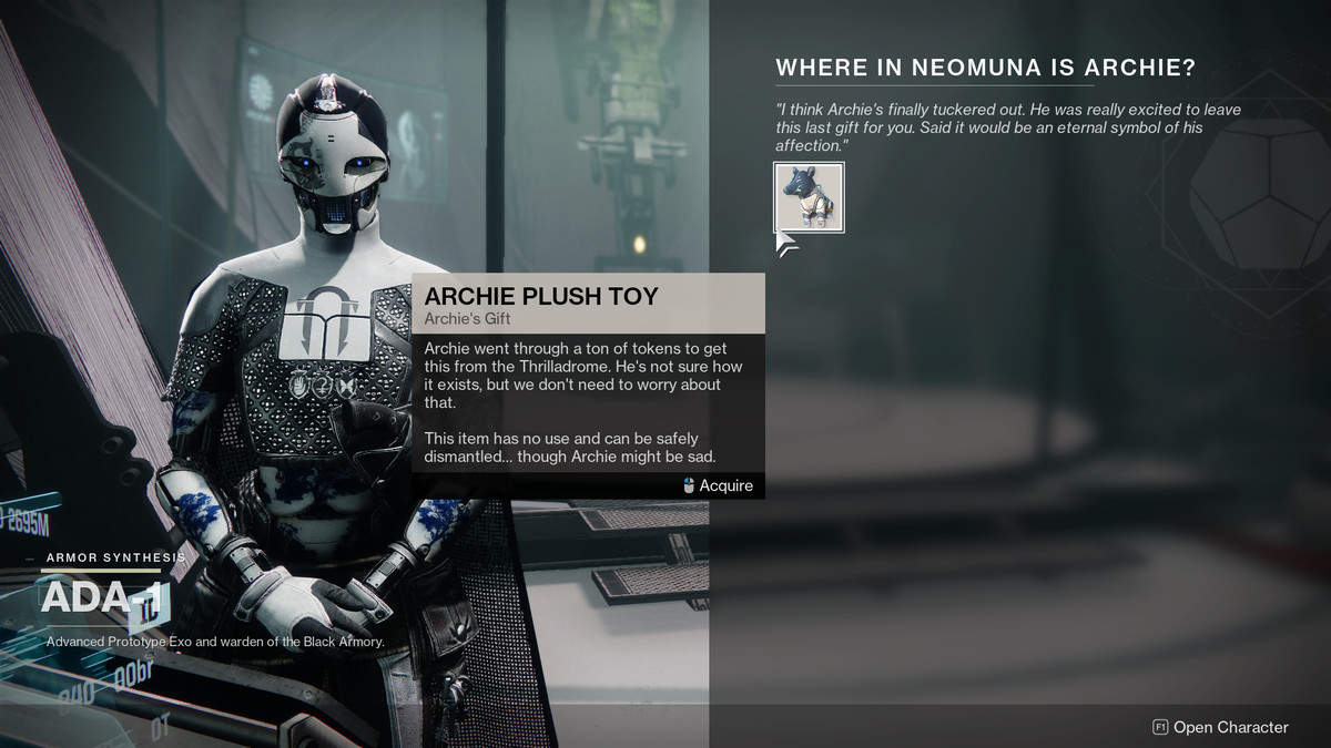 Un Gardien reçoit une peluche Archie dans Destiny 2