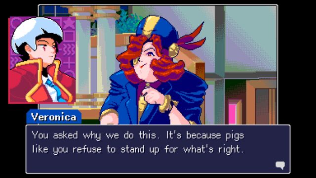 Capture d'écran du jeu Read Only Memories : Neurodiver.  La capture d'écran montre Lexi parlant à la conductrice du train, Veronica.  Véronique dit : "Vous avez demandé pourquoi nous faisons cela.  C'est parce que des porcs comme vous refusent de défendre ce qui est juste." UN TAXI