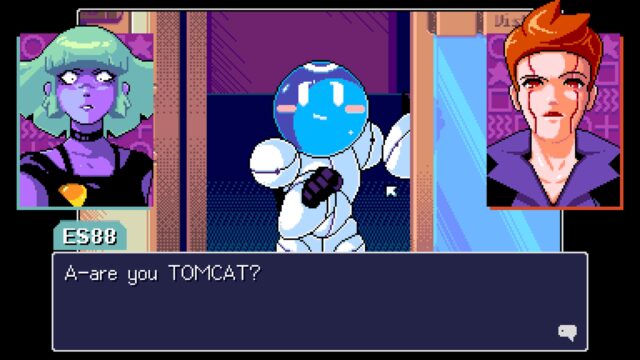 Une capture d'écran du jeu Read Only Memories: Neurodiver.  La capture d'écran montre ES88 et GATE dans des cases flanquant Turing qui semble pointer la caméra un peu confus.  ES88 dit : "A-êtes-vous TOMCAT ?"