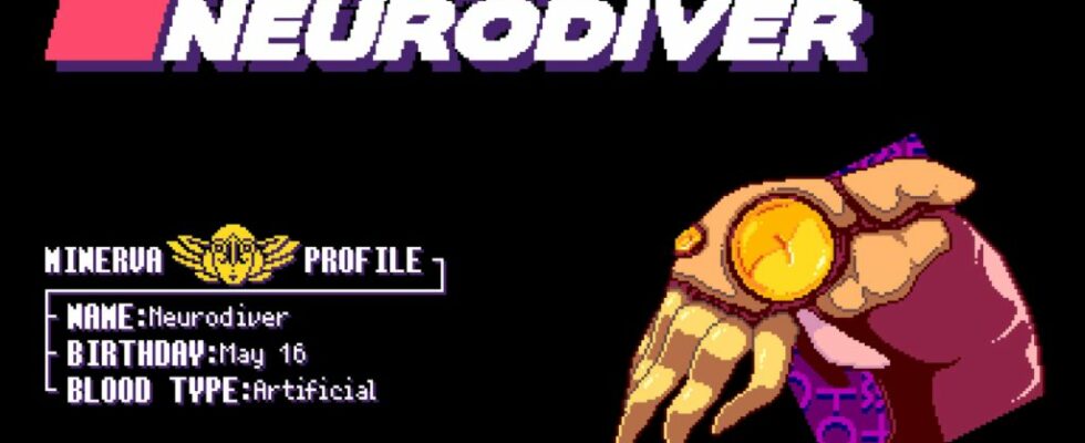 Screenshot from the game Read Only Memories: Neurodiver. The screenshot is of a commercial bumper they play throughout the game, this one features the Neurodiver itself. It says "Read Only Memories Neurodiver" at the top and in the middle of the image next to a picture of the Neurodiver it says "Minerva Profile Name: Neurodiver Birthday: May 16 Blood Type: Artificial"