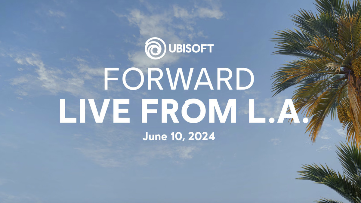 Des détails sur Ubisoft Forward au Summer Game Fest 2024 flottent devant un palmier par une journée ensoleillée.