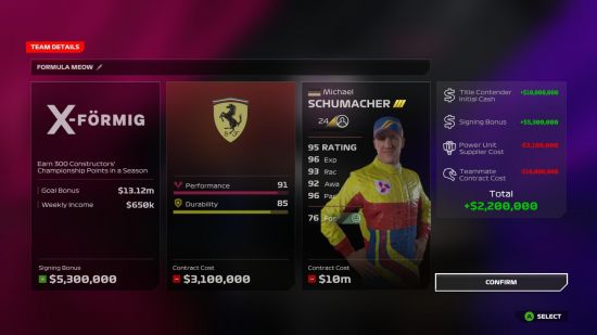 Revue F1 24 : Le joueur fait des choix MyTeam en ce qui concerne le sponsor, le moteur et son coéquipier, Michael Schumacher.