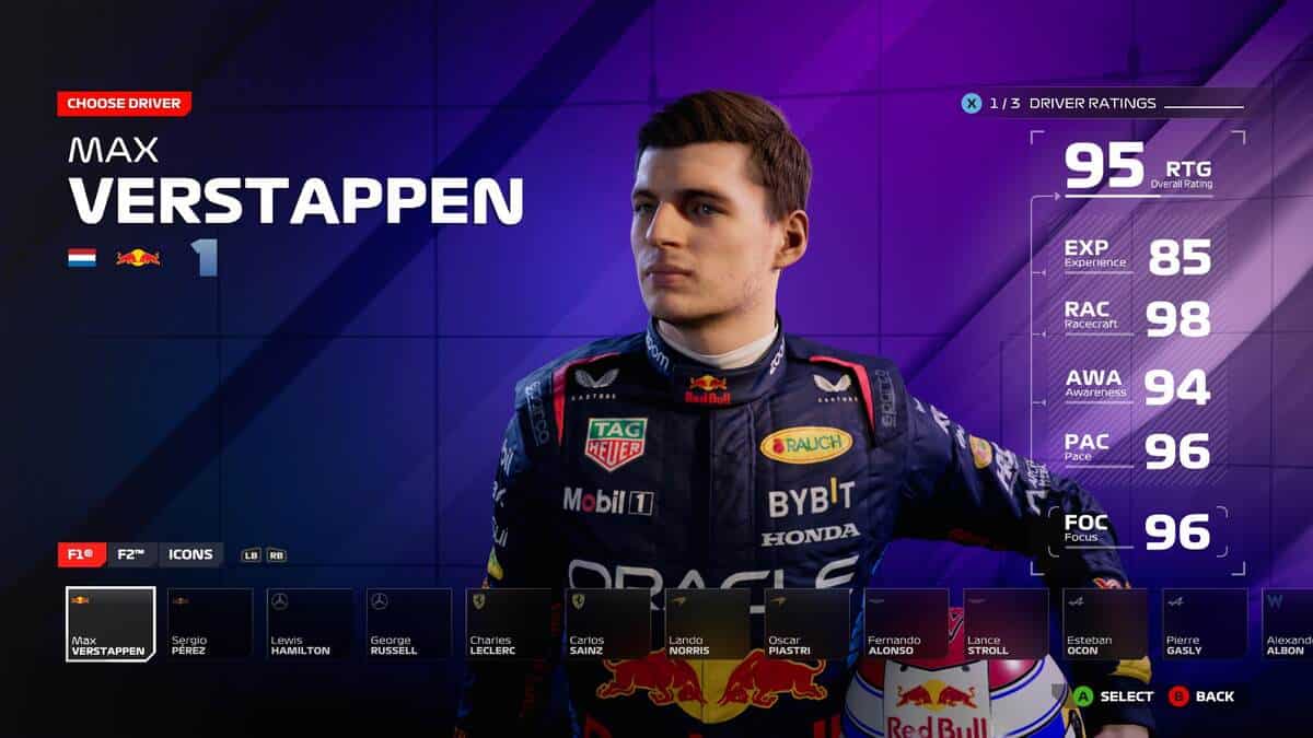 Aperçu F1 24 : Max Verstappen dans le menu de sélection des pilotes pour le mode Carrière.