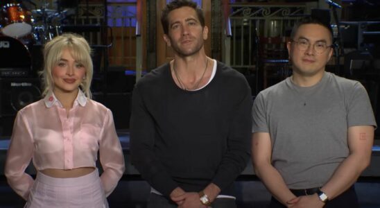 From left to right: Sabrina Carpenter, Jake Gyllenhaal and Bowen Yang standing together in an SNL promo.