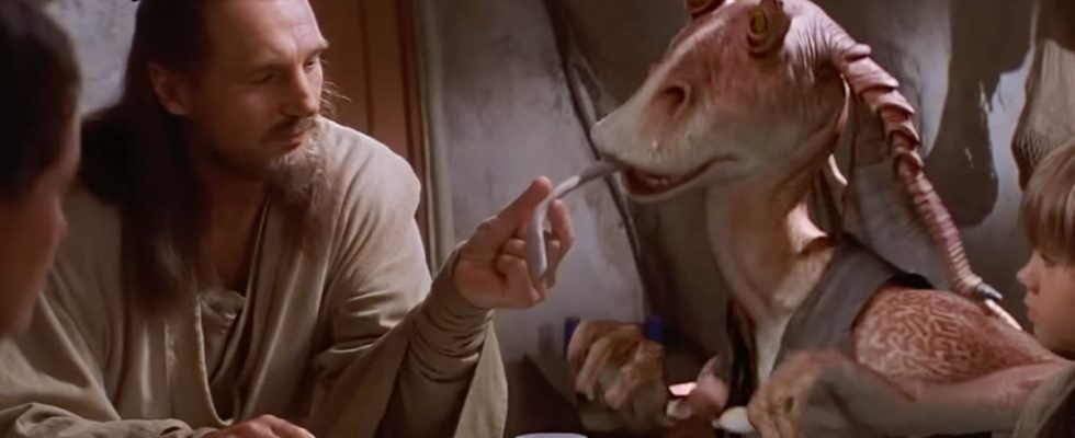 Jar Jar Binks being Jar Jar Binks, in Star Wars: Episode I: The Phantom Menace