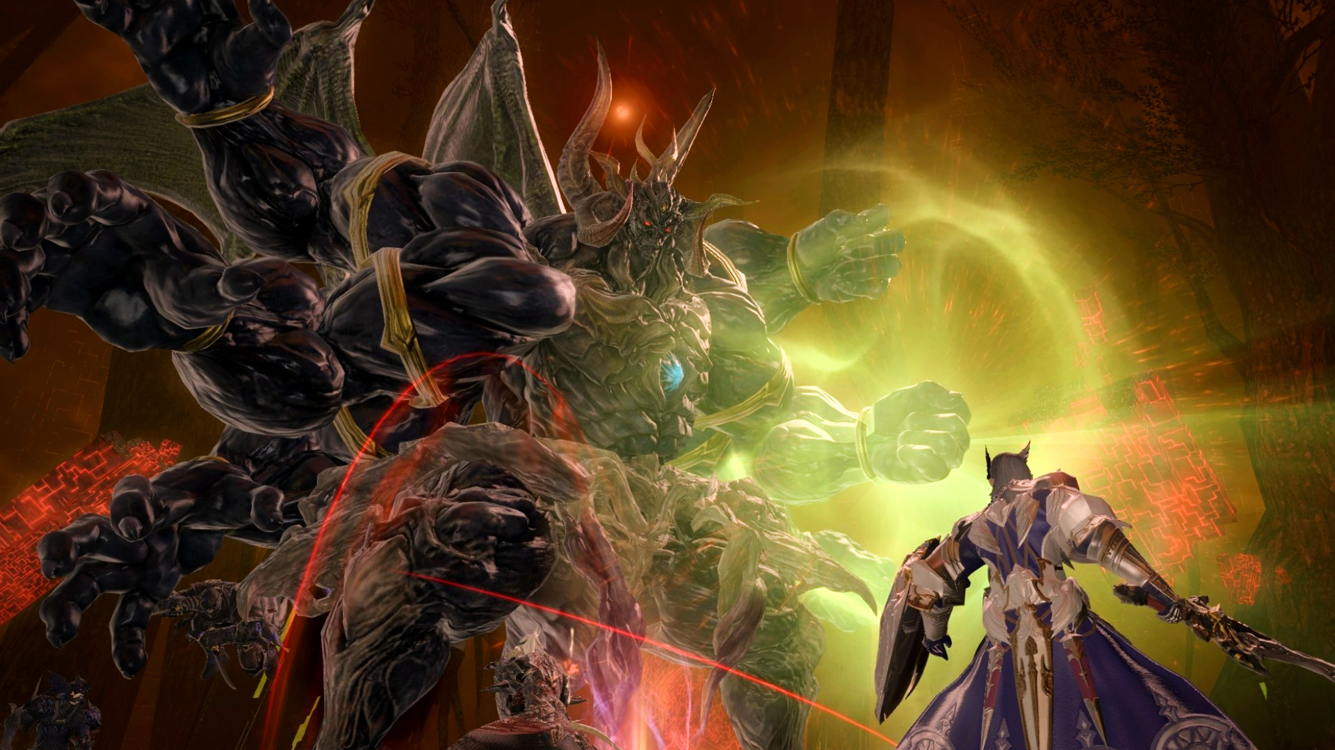 Final Fantasy 14 Heavensward - Un paladin affronte les puissants Sephirot de la Triade en guerre.