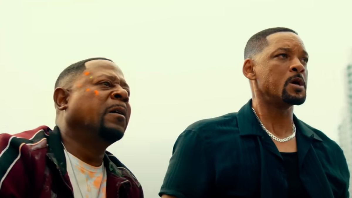 Martin Lawrence as Marcus Burnett and Will Smith as Mike Lowrey look at something to their left in the trailer for Bad Boys: Ride or Die.