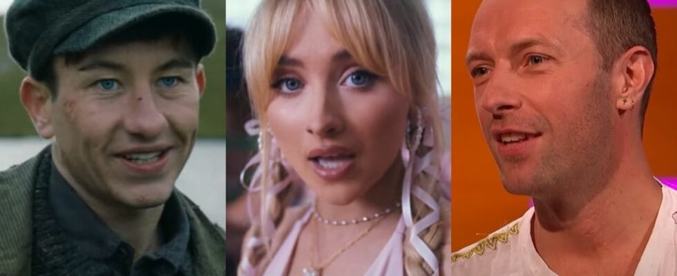 From left to right: Barry Keoghan in The Banshees of Inisherin, Sabrina Carpenter in the Feather music video and Chris Martin on The Graham Norton Show.