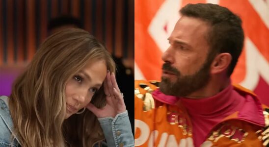 Ben Affleck in orange jumpsuit rapping in Dunkin ad while JLo looks on, embarrassed.