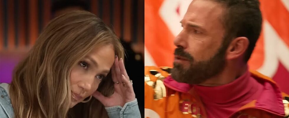 Ben Affleck in orange jumpsuit rapping in Dunkin ad while JLo looks on, embarrassed.