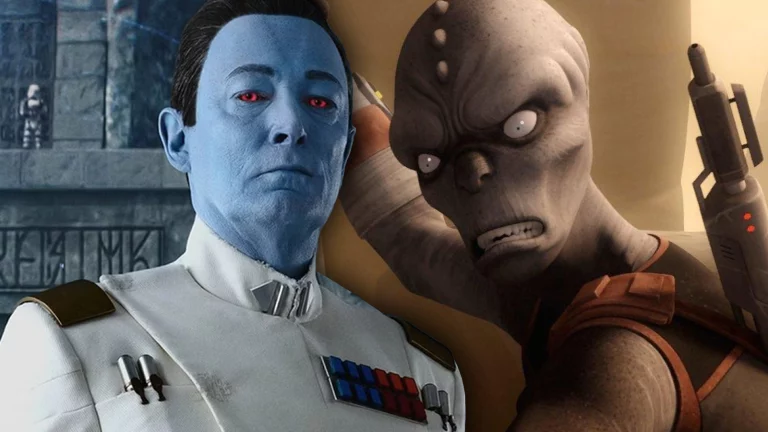 Combined stills of Grand Admiral Thrawn in Ahsoka and Rukh in Star Wars Rebels