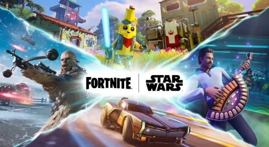 Fortnite X Star Wars key art, showcasing Chewbacca, a Mandolorian inspired vehicle, Lando playing an instrument, and Peely with a Lightsaber in LEGO mode