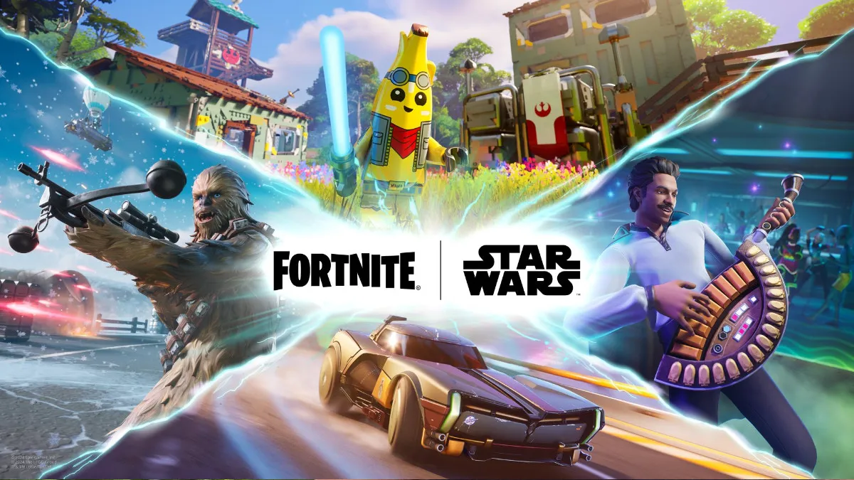 Fortnite X Star Wars key art, showcasing Chewbacca, a Mandolorian inspired vehicle, Lando playing an instrument, and Peely with a Lightsaber in LEGO mode