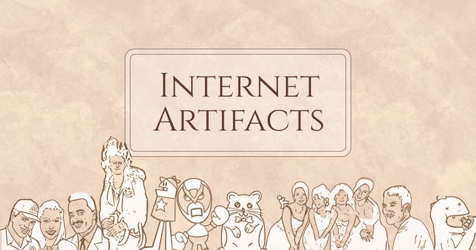 L'écran de démarrage d'Internet Artifacts, montrant une collection de personnages synonymes d'Internet sous forme marbrée.