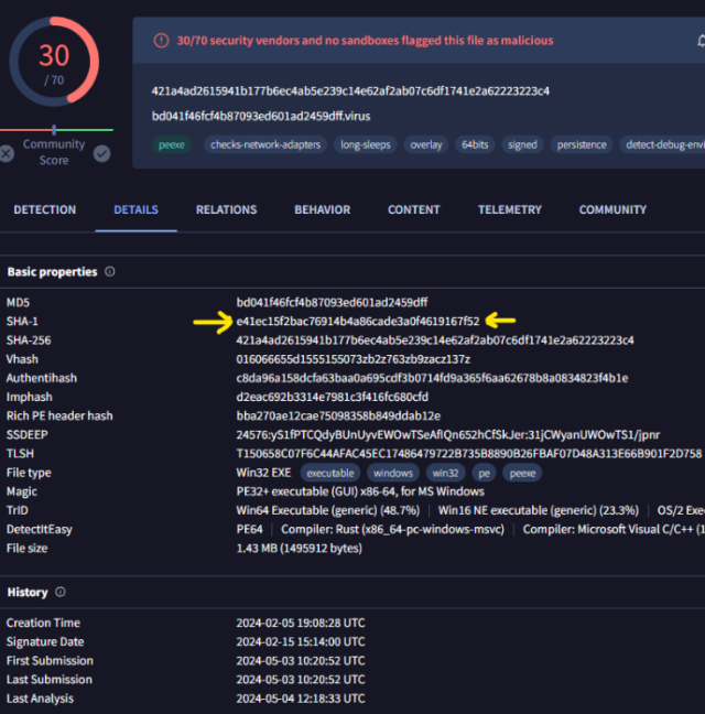 Une capture d'écran de VirusTotal montrant les détections de 30 moteurs de protection des points finaux.