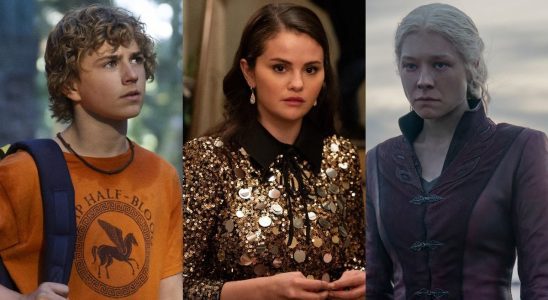 From left to right: Walker Scobell as Percy looking to his right in Percy Jackson, Selena Gomez as Mabel looking concerned in Only Murders in the Building and Emma D